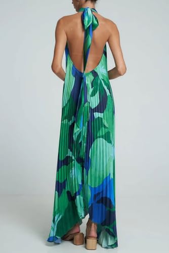 GGUHHU Womens Color Block Floral Maxi Halter Dress Hollowed V-Neck Backless Accordion Beach Dresses2