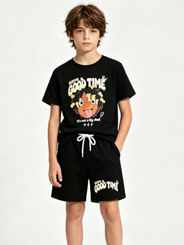 Image of Size 6-12 Years Boys Summer Outfits Set Kids Short Sleeve Top T-Shirt & Shorts Color Block Clothing Sets