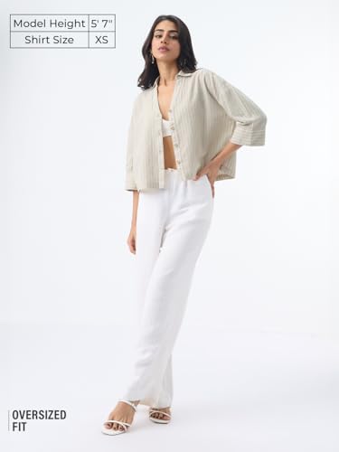 Image of The Souled Store Cotton Linen Shirt: Women and Girls Drop-Shoulder Sleeves Spread Collar Stripes Lightweight Casual Oversized Shirt