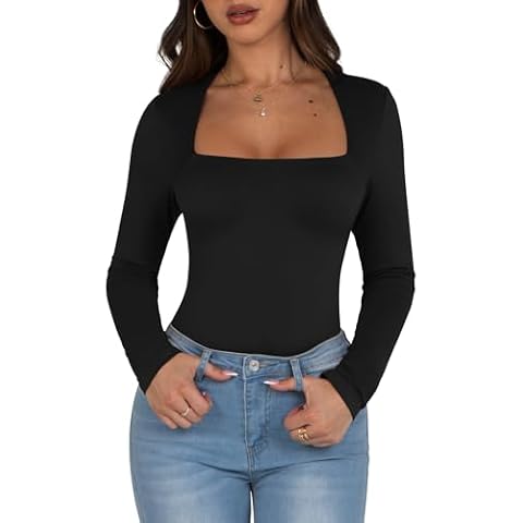 OYANUS Women's Sexy Long Sleeve Shirts Square Neck Going Out Tops Double Lined Basic Fall Fashion Slim Fit T Shirts Blouses Black-M Cover