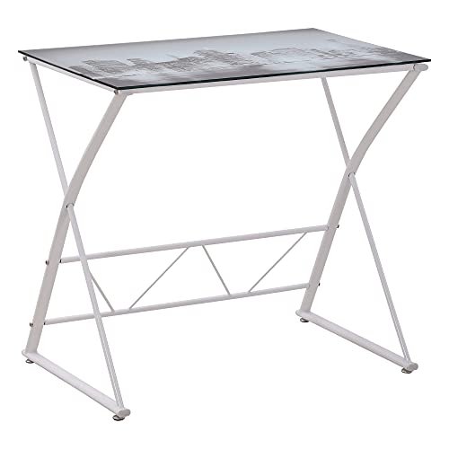 HOMCOM Bureau Informatique Design Contemporain Plateau Verre trempé décor New-York châssis métal Blanc