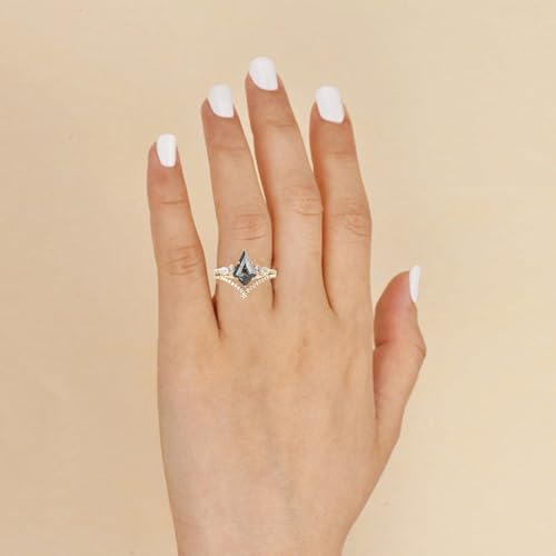 1.0 ct Kite Shaped Natural Salt And Pepper Diamond Ring Vintage Bridal Sets Wedding Rings S925 10K 14K 18K Rose White Yellow Gold Natural Herkimer Diamond Rings Set For Women4