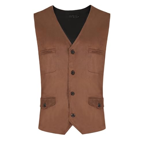 Mens V-Neck Dress Suit Faux Suede Leather Suit Vest Western Cowboy Dress Vests Slim Fit Business Casual Vest