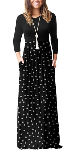 GRECERELLE Women Long Sleeve Casual Round Neck Loose Solid Floral Maxi Long Dress with Pockets, S-3XL