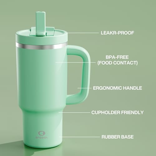 Image of 32 oz Tumbler with Handle and Straw: Stainless Steel Insulated Tumbler Keeps Cold for 24 Hours, Leakproof Travel Cup Fits in Cup Holder and BPA-Free,Brook Green
