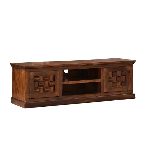 Image of Sheesham Wood TV Stand and Shelf Storage Entertainment Unit Center Console TV Table Wooden Tv Cabinet for Living Room Home (Natural Brown Finish)