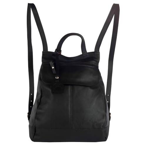 Mochila Feminina de Couro Legítimo Pequena, Reforçada e Confortável, com Alça Regulável e Bolso Antifurto (Preto)