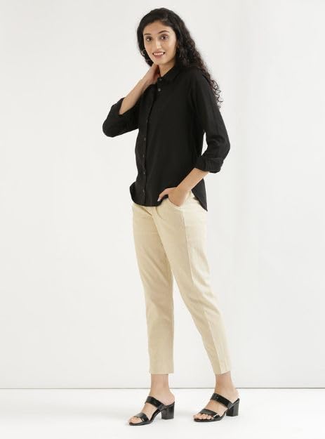 Image of D K W Women's Mid Rise Relaxed Fit Cotton Flex Trousers with Elastic Back & Drawstring - Ideal for Winter, Formal, Office & Casual Wear, Comfortable for Girls and Women