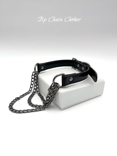 Handmade Black Vegan Leather Choker Collar For Women, Adjustable Triple-Layer Slip Chain Necklace2