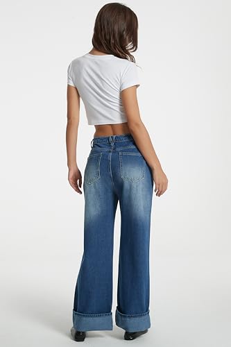 D-Sun Women Wide Leg Jeans Baggy High Rise Cuffed Jeans Casual Trendy Loose Denim Pants4