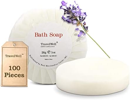 Travelwell Travel Size Bar Soap - 100 PACK, 1oz Mini Soap Bars, Hotel Soap Bars, Travel Size Toiletries - Individually Wrapped Bulk Soap Bar, Small Hotel Soaps for AirBNBs, VRBO, Inns and Hotels