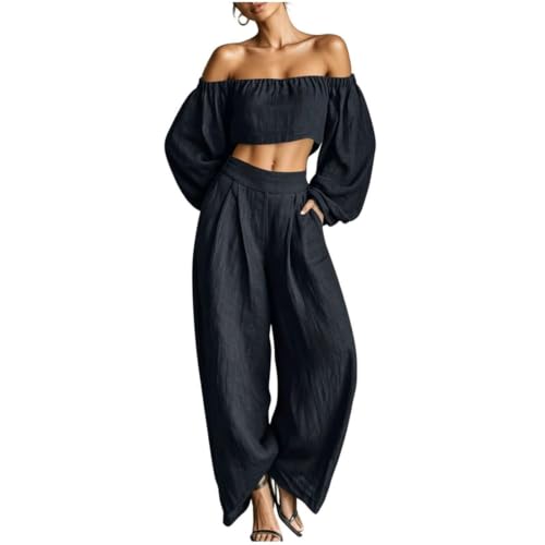 Ensemble 2 pièces en lin pour femme avec haut court et pantalon large