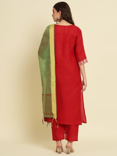 Image of VredeVogel Women's Cotton Blend Kurta Pant Set with Chanderi Silk Dupatta
