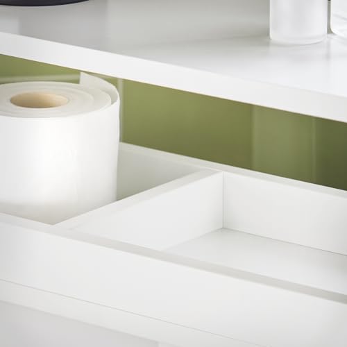 SoBuy Badezimmerschrank auf Rollen Schmaler Schrank mit 2 Schiebetüren & offener Ablage Badmöbel Kommode für Bad, WC, kleine Räume 70x71x20cm Weiß BZR02-W