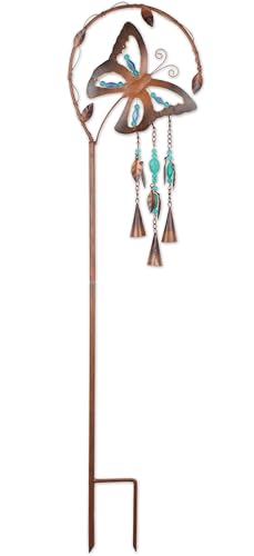 Sunset Vista Designs Outdoor Garden Décor - Rustic Metal Boho Wind Chime Stake with Copper Bells, 42" Tall, Turquoise Butterfly