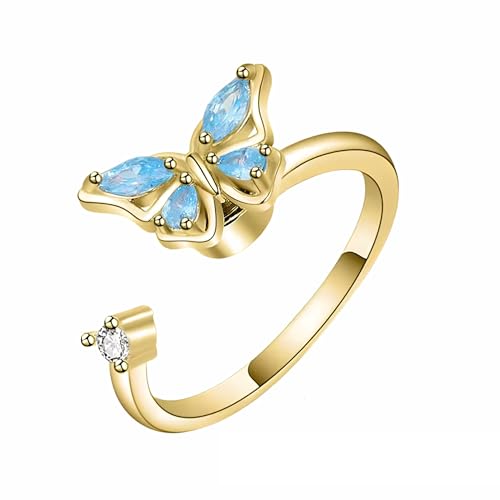 Unified Jewellery Anillo giratorio de mariposa ajustable, anillo giratorio de banda abierta, anillo de ansiedad de cristal azul con micro incrustaciones de circonita dorada 1548