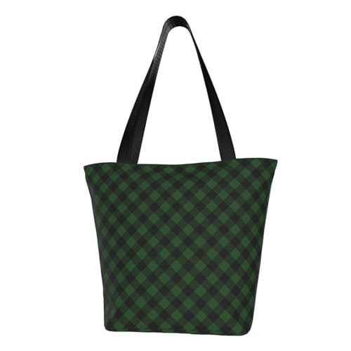 Rustic Green And Black Buffalo Plaid Reusable Zippered Shoulder Bag, Stylish Polyester Tote With Wide Handle & Inner Pocket, Lightweight Durable Shopping & Travel Bag