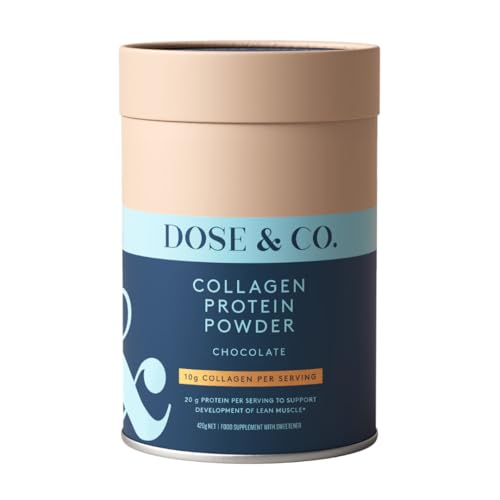 Dose & Co Collagen Protein Powder - Chocolate 420g | Bovine Hydrolysed Type I & III Collagen Peptides with 20g Whey Protein per Serving | Hair Skin Nails & Muscle Support | Halal Gluten Free