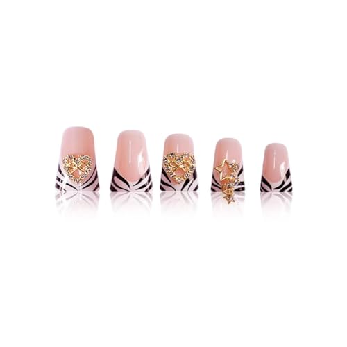 Image of Black White Nail Press ons French Tip Fake Nails Heart Star with Design Duck Glue on Nails Stripe False Nails Glossy Reusable Artificial Acrylic Full Cover Stick on Nails for Women Manicure 24Pcs