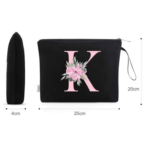 Image of Vavabox A-Z Personalized Makeup Bag, Birthday Gifts for Women Mom, Gifts for Best Friend, Bride Bridesmaid Cosmetic bag (K, 02-Black)
