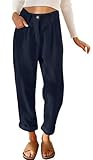 Yutdeng Corduroy Trousers for Women UK High Waisted Trousers with Elastic Waist Ladies Casual Loose Fit Baggy Trouser Straight Wide Leg Long Pants with Pockets Navy