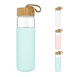 Zumaflo 22 oz Glass Water Bottle with Bamboo Lid and Semi-Transparent Silicone Protective Sleeve – Reusable, Leakproof, BPA Free, Dishwasher Safe (Aqua Blue)