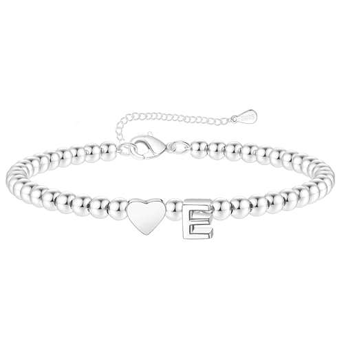 Koemore Silver 925 Bracelet for Women Initial Bracelets A-Z Heart Bead Jewellery Christmas Birthday Gift For Girls Friends (E)