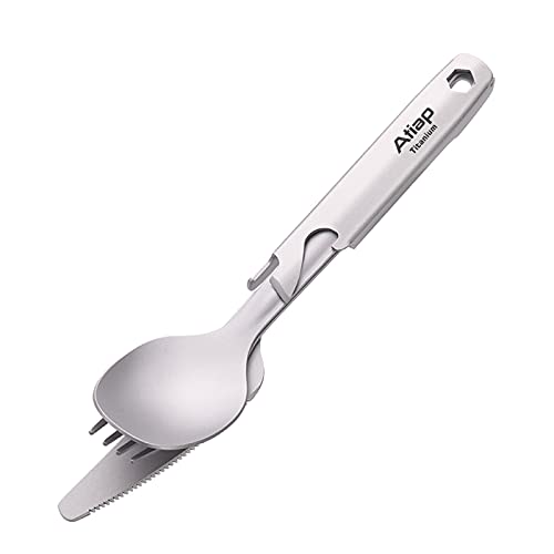 Atiap Titanium Fork Spoon Bottle Opener, 4 Pieces Tableware Set Utility Cutlery Set For Camping Travel Daily Use #TOP12
