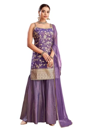 Xomantic Fashion Womens Purple Color Banarasi Silk Kurta Sharara ...