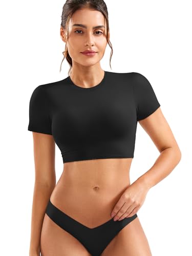 YEOREO Short Sleeve T Shirt for Women Double Lined Crop Top Crew Neck Workout Tee Colin Slim Fit Summer Basic Going Out Top Black X-Small