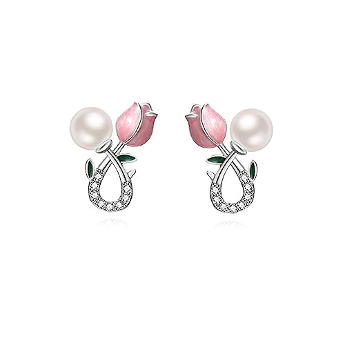 Reffeer Solid 925 Sterling Silver Pink Flower Stud Earrings for Women Teens Spring Flower Stud Earrings Pearls