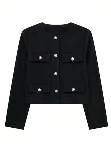 Chic & Cozy: Womens Fall Winter Jacket with Round Neckline in Black, X-Small - Image 5