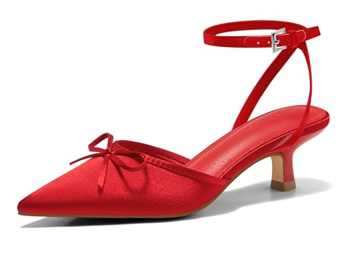 Image of Coutgo Satin Kitten Low Heels with Bow Closed Pointed Toe Short Pumps Dress Wedding Party Shoes