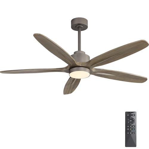 Image of WINGBO 54 inch Ceiling Fan with Light - 5 Carved Solid Wood Blades, 6-Speed Reversible DC Motor, Dimmable, 3CCT, Noiseless Remote Control Ceiling Fans with Lights for Bedroom Living Room, Charcoal Gray