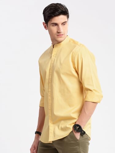 Image of SHOWOFFFF Men Solid Casual Shirt | Mandarin Collar Full Sleeves Cotton Shirt for Mens | Slim Fit Regular Length Shirt for Men's