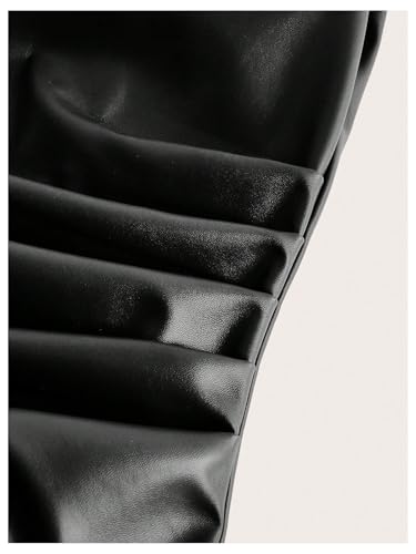 SHENHE Women's Mock Neck PU Leather Pleated Asymmetrical Sleeveless Fitted Dressy Tank Top3