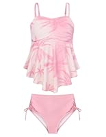 GRACE KARIN Mädchen 2-teilig Tankini Badeanzug, Bedruckt Top mit abnehmbar Brustpolstern, einfarbig Badeshorts Hellrosa Kokospalmen 10 Jahre
