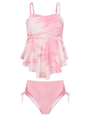 GRACE KARIN Mädchen 2-teilig Tankini Badeanzug, Bedruckt Top mit abnehmbar Brustpolstern, einfarbig Badeshorts Hellrosa Kokospalmen 10 Jahre