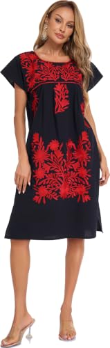 Image of YZXDORWJ Women Mexican Embroidered Long Dress Ruffle Collar Maxi Boho Floral Summer Short Sleeve