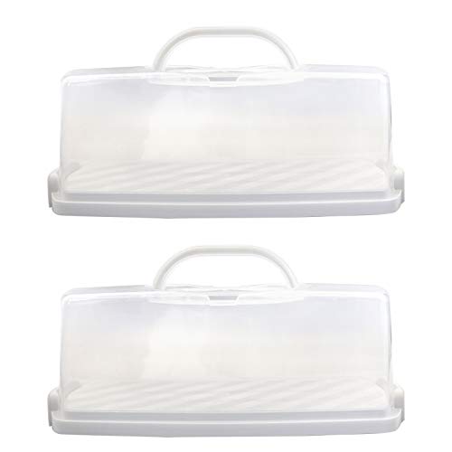 2 Pcs Portable Bread Box with Handle Loaf Cake Container Plastic Rectangular Food Storage Keeper Carrier 13inch Translucent Dome for Pastries, Bagels, Bread Rolls, Buns or Baguettes (White)