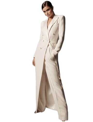 Women's Suit Double Breasted Long Jacket Pants Peak Lapel Tuxedos Two Pieces Set for Wedding Party