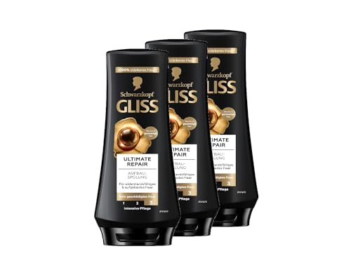 Gliss Ultimate Repair Acondicionador (3 x 200 ml), Acondicionador con queratina líquida y extracto de perlas que ofrece reparación, acondicionador para cabello extremadamente dañado