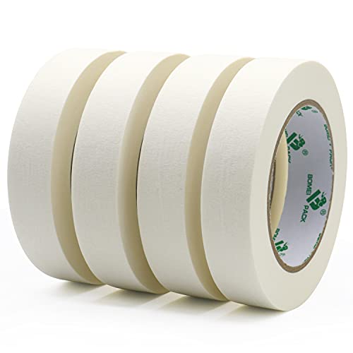PACK BOMEI 4 rollos Cinta de pintor 25 mm x 50 m, cinta blanca de enmascarar, cinta de papel arrugado para pintar, barnizar, renovar.