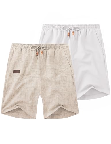 Image of COOFANDY Mens Casual Linen Shorts Elastic Waist Drawstring Loose Fit Summer Beach Vacation Shorts with Pockets