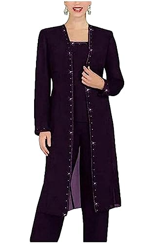 Mother of The Bride Pants Suits 3 PC Chiffon Beaded Women Outfits with Long Jacket Wedding Party Prom Dress