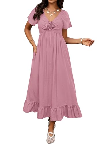 Image of BTFBM Womens Summer Dresses 2026 Casual Short Sleeve V Neck Drawstring Wedding Guest Maxi Dresses Boho Beach Long Dress