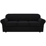 H.VERSAILTEX 4 Piece Stretch Sofa Covers for 3 Cushion Couch Covers for Living Room Furniture Slipcovers (Base Cover Plus 3 Seat Cushion Covers) Upgraded Thicker Jacquard Fabric (Large, Black)