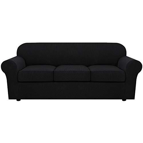 H.VERSAILTEX 4 Piece Stretch Sofa Covers for 3 Cushion Couch Covers for Living Room Furniture Slipcovers (Base Cover Plus 3 Seat Cushion Covers) Upgraded Thicker Jacquard Fabric (Large, Black)