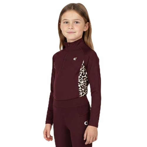 DaisenFit Kids Base Layer Top – Girls Leopard Print Riding Shirt | Youth Equestrian Quarter Zip Layer (US, Alpha, X-Small, Regular, Berry Purple)