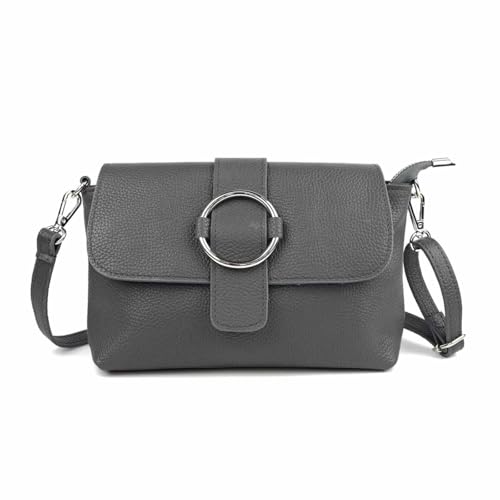 ITALYSHOP24 Made in Italy Damen Leder Tasche Umhängetasche Cross Over Body Messenger Bag Echtleder Ledertasche Schultertasche Brusttasche Hüfttasche Gürteltasche Clutch Abendtasche Grau